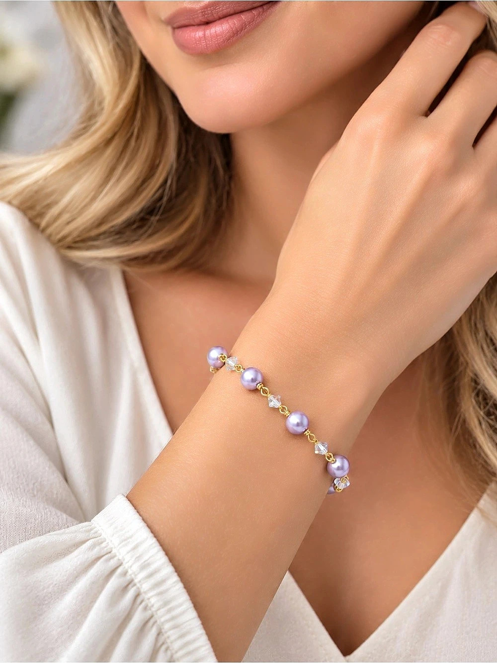 Handmade Lavender Swarovski Pearl Clear AB Crystal Gold Tone Bracelet